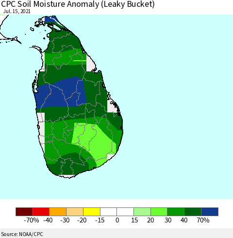 Sri Lanka CPC Soil Moisture Anomaly (Leaky Bucket) Thematic Map For 7/11/2021 - 7/15/2021