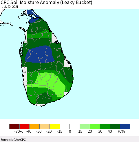 Sri Lanka CPC Soil Moisture Anomaly (Leaky Bucket) Thematic Map For 7/16/2021 - 7/20/2021