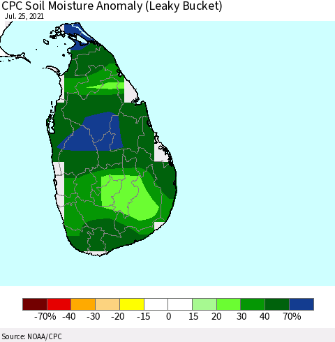 Sri Lanka CPC Soil Moisture Anomaly (Leaky Bucket) Thematic Map For 7/21/2021 - 7/25/2021