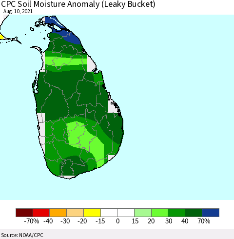 Sri Lanka CPC Soil Moisture Anomaly (Leaky Bucket) Thematic Map For 8/6/2021 - 8/10/2021