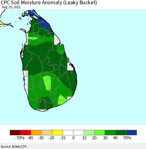 Sri Lanka CPC Soil Moisture Anomaly (Leaky Bucket) Thematic Map For 8/21/2021 - 8/25/2021