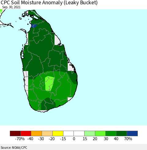 Sri Lanka CPC Soil Moisture Anomaly (Leaky Bucket) Thematic Map For 9/26/2021 - 9/30/2021