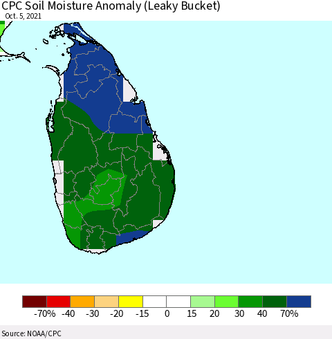 Sri Lanka CPC Soil Moisture Anomaly (Leaky Bucket) Thematic Map For 10/1/2021 - 10/5/2021