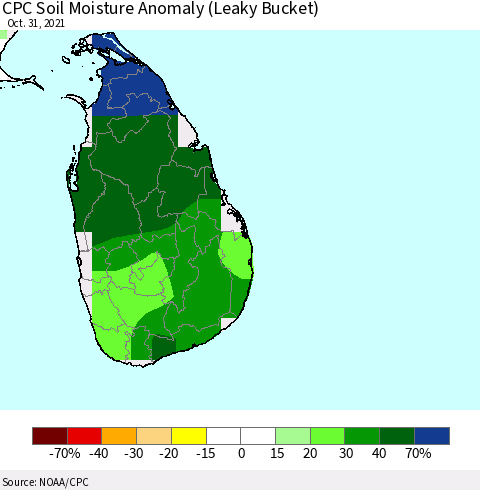 Sri Lanka CPC Soil Moisture Anomaly (Leaky Bucket) Thematic Map For 10/26/2021 - 10/31/2021