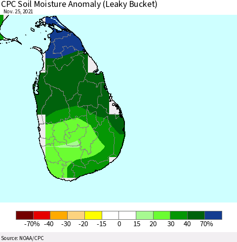 Sri Lanka CPC Soil Moisture Anomaly (Leaky Bucket) Thematic Map For 11/21/2021 - 11/25/2021