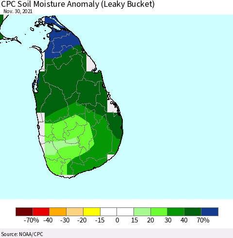 Sri Lanka CPC Soil Moisture Anomaly (Leaky Bucket) Thematic Map For 11/26/2021 - 11/30/2021