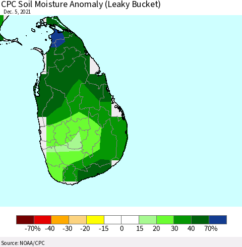 Sri Lanka CPC Soil Moisture Anomaly (Leaky Bucket) Thematic Map For 12/1/2021 - 12/5/2021