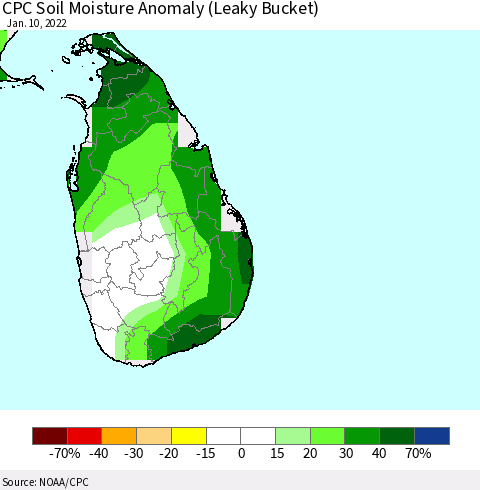 Sri Lanka CPC Soil Moisture Anomaly (Leaky Bucket) Thematic Map For 1/6/2022 - 1/10/2022