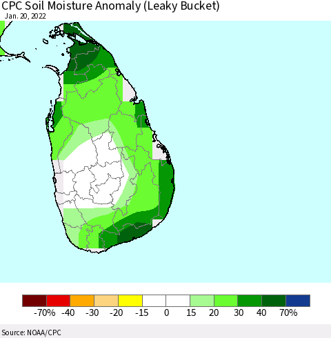 Sri Lanka CPC Soil Moisture Anomaly (Leaky Bucket) Thematic Map For 1/16/2022 - 1/20/2022