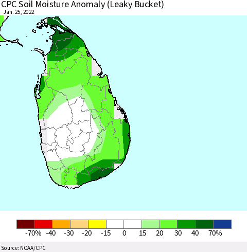 Sri Lanka CPC Soil Moisture Anomaly (Leaky Bucket) Thematic Map For 1/21/2022 - 1/25/2022