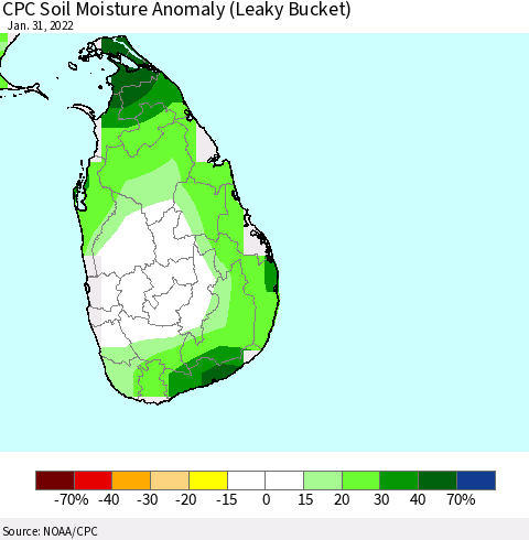 Sri Lanka CPC Soil Moisture Anomaly (Leaky Bucket) Thematic Map For 1/26/2022 - 1/31/2022
