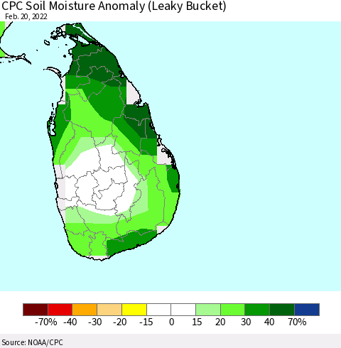 Sri Lanka CPC Soil Moisture Anomaly (Leaky Bucket) Thematic Map For 2/16/2022 - 2/20/2022