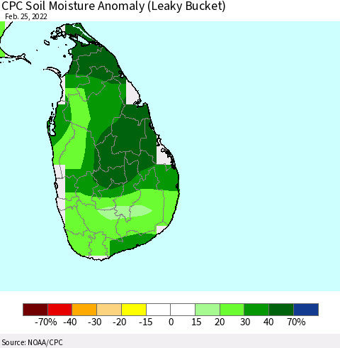 Sri Lanka CPC Soil Moisture Anomaly (Leaky Bucket) Thematic Map For 2/21/2022 - 2/25/2022
