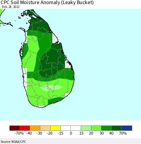 Sri Lanka CPC Soil Moisture Anomaly (Leaky Bucket) Thematic Map For 2/26/2022 - 2/28/2022