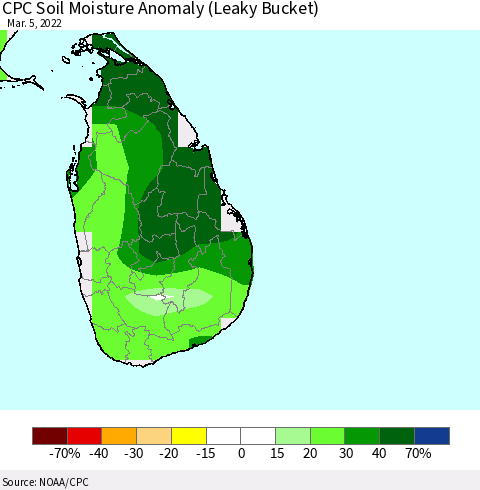 Sri Lanka CPC Soil Moisture Anomaly (Leaky Bucket) Thematic Map For 3/1/2022 - 3/5/2022