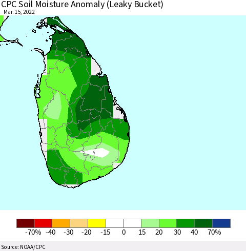 Sri Lanka CPC Soil Moisture Anomaly (Leaky Bucket) Thematic Map For 3/11/2022 - 3/15/2022