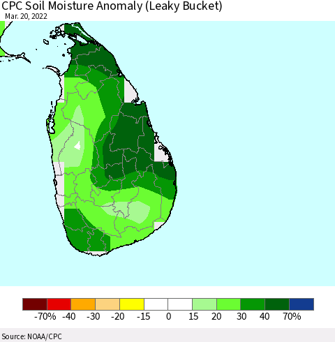 Sri Lanka CPC Soil Moisture Anomaly (Leaky Bucket) Thematic Map For 3/16/2022 - 3/20/2022