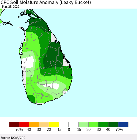 Sri Lanka CPC Soil Moisture Anomaly (Leaky Bucket) Thematic Map For 3/21/2022 - 3/25/2022