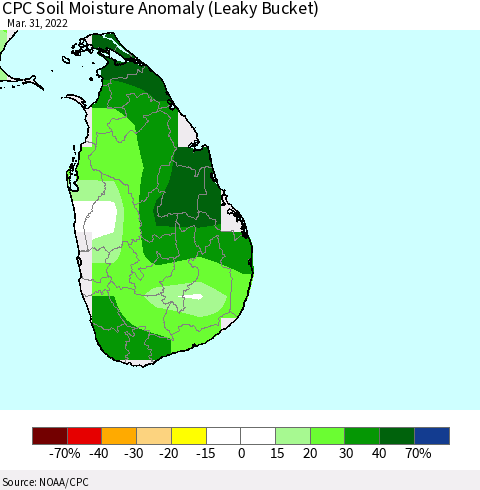 Sri Lanka CPC Soil Moisture Anomaly (Leaky Bucket) Thematic Map For 3/26/2022 - 3/31/2022