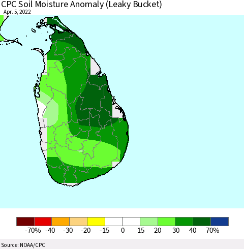 Sri Lanka CPC Soil Moisture Anomaly (Leaky Bucket) Thematic Map For 4/1/2022 - 4/5/2022