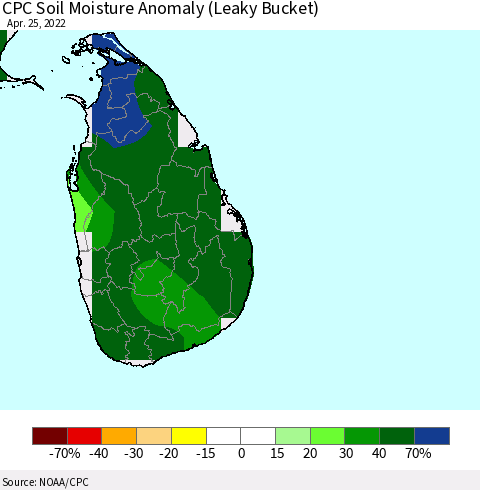 Sri Lanka CPC Soil Moisture Anomaly (Leaky Bucket) Thematic Map For 4/21/2022 - 4/25/2022