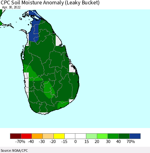 Sri Lanka CPC Soil Moisture Anomaly (Leaky Bucket) Thematic Map For 4/26/2022 - 4/30/2022