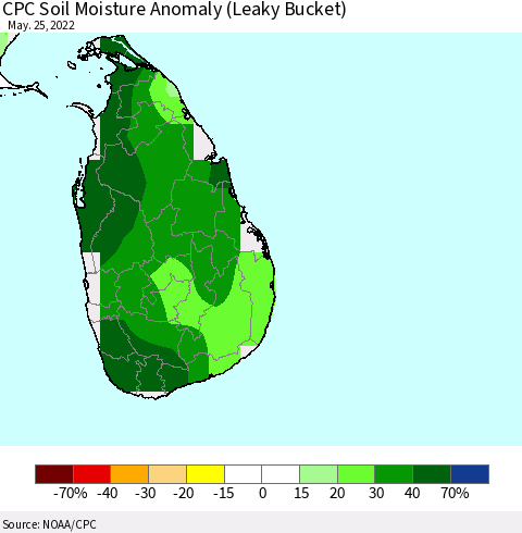 Sri Lanka CPC Soil Moisture Anomaly (Leaky Bucket) Thematic Map For 5/21/2022 - 5/25/2022
