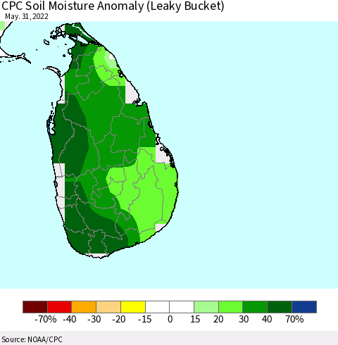 Sri Lanka CPC Soil Moisture Anomaly (Leaky Bucket) Thematic Map For 5/26/2022 - 5/31/2022