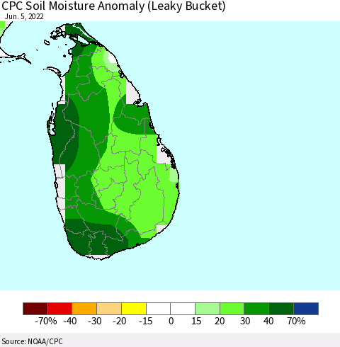 Sri Lanka CPC Soil Moisture Anomaly (Leaky Bucket) Thematic Map For 6/1/2022 - 6/5/2022