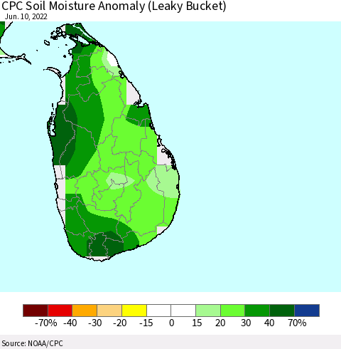 Sri Lanka CPC Soil Moisture Anomaly (Leaky Bucket) Thematic Map For 6/6/2022 - 6/10/2022