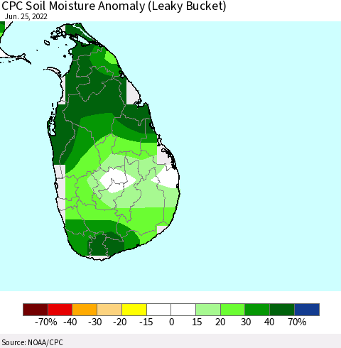 Sri Lanka CPC Soil Moisture Anomaly (Leaky Bucket) Thematic Map For 6/21/2022 - 6/25/2022