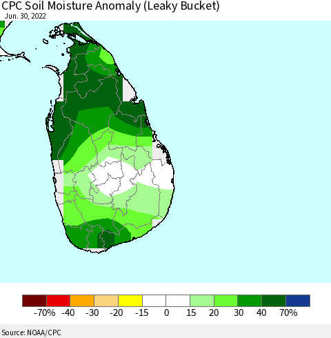 Sri Lanka CPC Soil Moisture Anomaly (Leaky Bucket) Thematic Map For 6/26/2022 - 6/30/2022