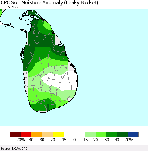 Sri Lanka CPC Soil Moisture Anomaly (Leaky Bucket) Thematic Map For 7/1/2022 - 7/5/2022