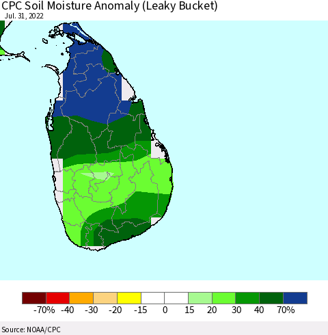 Sri Lanka CPC Soil Moisture Anomaly (Leaky Bucket) Thematic Map For 7/26/2022 - 7/31/2022