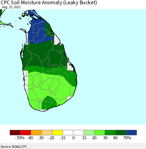 Sri Lanka CPC Soil Moisture Anomaly (Leaky Bucket) Thematic Map For 8/21/2022 - 8/25/2022