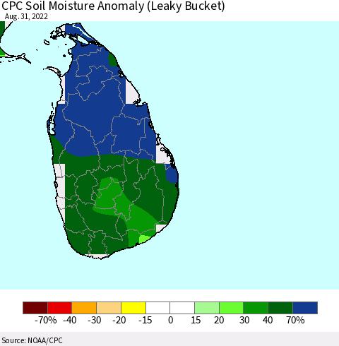 Sri Lanka CPC Soil Moisture Anomaly (Leaky Bucket) Thematic Map For 8/26/2022 - 8/31/2022