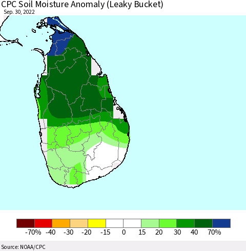 Sri Lanka CPC Soil Moisture Anomaly (Leaky Bucket) Thematic Map For 9/26/2022 - 9/30/2022