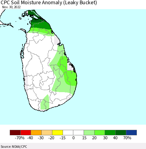 Sri Lanka CPC Soil Moisture Anomaly (Leaky Bucket) Thematic Map For 11/26/2022 - 11/30/2022