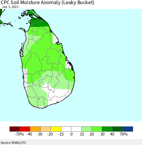Sri Lanka CPC Soil Moisture Anomaly (Leaky Bucket) Thematic Map For 1/1/2023 - 1/5/2023