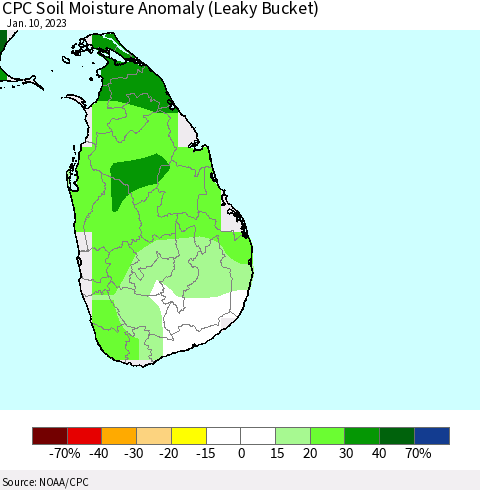 Sri Lanka CPC Soil Moisture Anomaly (Leaky Bucket) Thematic Map For 1/6/2023 - 1/10/2023