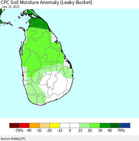 Sri Lanka CPC Soil Moisture Anomaly (Leaky Bucket) Thematic Map For 1/11/2023 - 1/15/2023