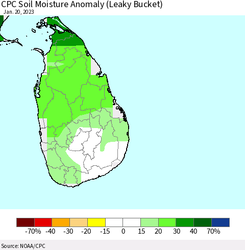 Sri Lanka CPC Soil Moisture Anomaly (Leaky Bucket) Thematic Map For 1/16/2023 - 1/20/2023