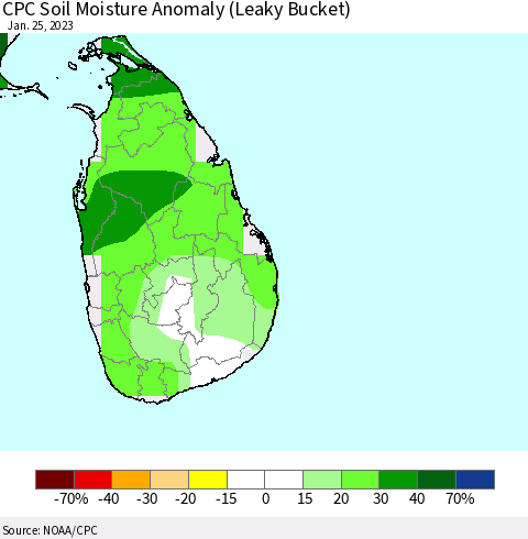 Sri Lanka CPC Soil Moisture Anomaly (Leaky Bucket) Thematic Map For 1/21/2023 - 1/25/2023