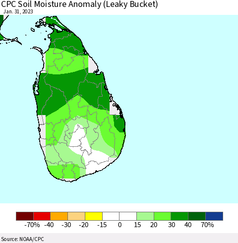 Sri Lanka CPC Soil Moisture Anomaly (Leaky Bucket) Thematic Map For 1/26/2023 - 1/31/2023