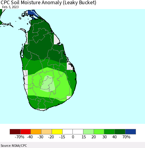 Sri Lanka CPC Soil Moisture Anomaly (Leaky Bucket) Thematic Map For 2/1/2023 - 2/5/2023