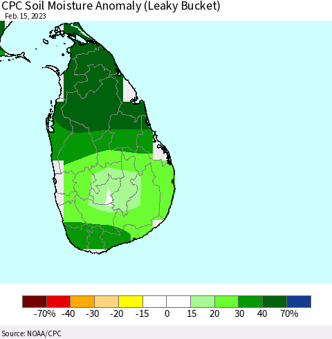 Sri Lanka CPC Soil Moisture Anomaly (Leaky Bucket) Thematic Map For 2/11/2023 - 2/15/2023