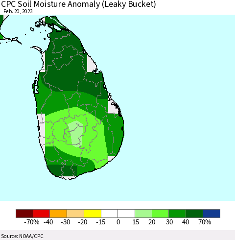 Sri Lanka CPC Soil Moisture Anomaly (Leaky Bucket) Thematic Map For 2/16/2023 - 2/20/2023
