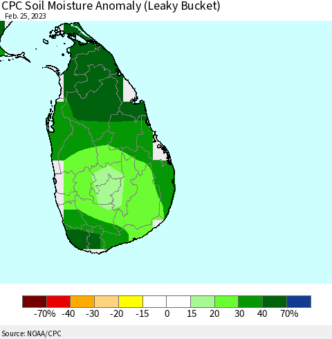 Sri Lanka CPC Soil Moisture Anomaly (Leaky Bucket) Thematic Map For 2/21/2023 - 2/25/2023