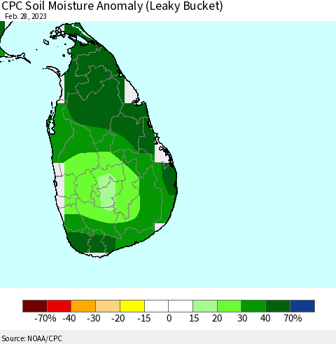 Sri Lanka CPC Soil Moisture Anomaly (Leaky Bucket) Thematic Map For 2/26/2023 - 2/28/2023
