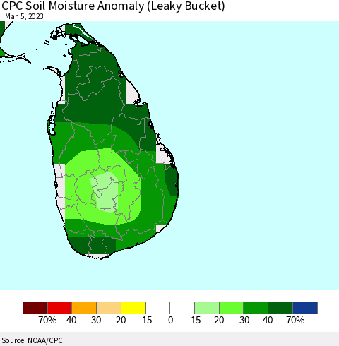 Sri Lanka CPC Soil Moisture Anomaly (Leaky Bucket) Thematic Map For 3/1/2023 - 3/5/2023